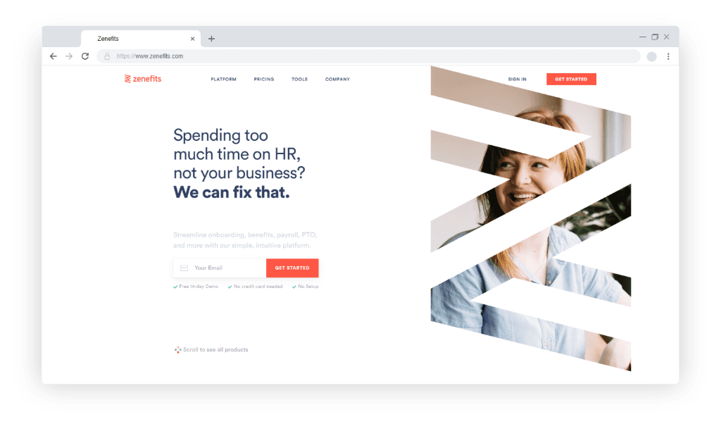 Zenefits - Custonext voorbeelden van productpaginas voor B2B